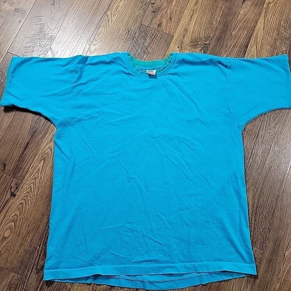 Vintage Hanes T Shirt Mens XL Blue Green Blank Double Collar/Sleeve Made In USA